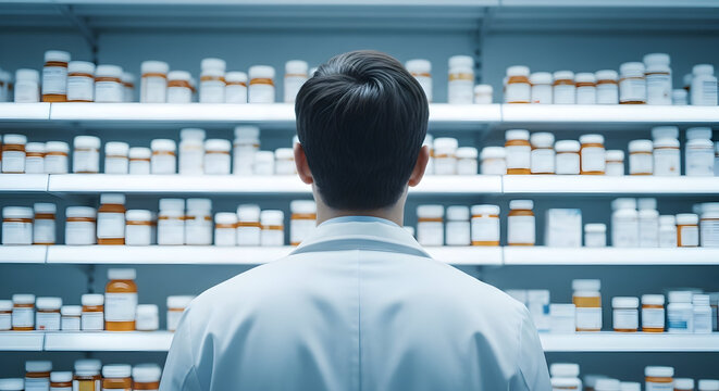 Healthcare Professional Contemplating Medication Options in Pharmacy Diverse Array of Bottles on Shelves Providing Essential Medicines for Healthcare Treatment Aid - Powered by Adobe