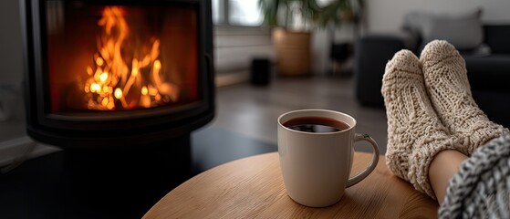 Cozy evening by the fireplace with warm drink and relaxed feet enjoying the comfort of home in a modern living space
