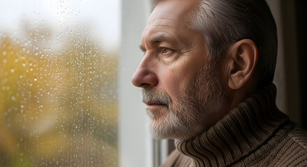 Contemplative Senior Man Gazing Through Rainy Window Reflecting on Life's Journey Experiencing Quiet Solitude and Serenity in a Moment of Peaceful Reflection and Introspection
