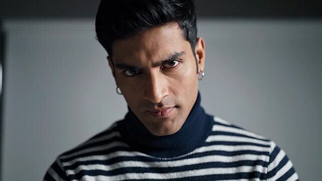 Striking close-up of a man with dark hair and a striped turtleneck, gazing intensely at the viewer with a slight smirk