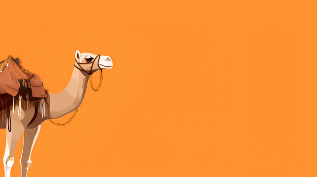 A camel with a saddle stands against an orange background,  ready for a desert journey,  showcasing its resilience and adaptation to arid climates