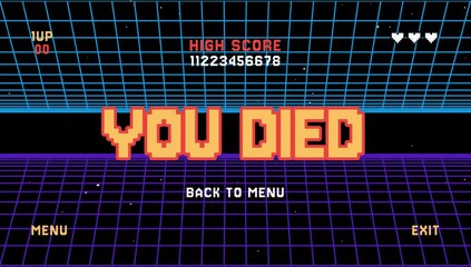 You died high score back to menu text retro game. Pixel art 8 bit asset game futuristic sci-fi retrowave background - Powered by Adobe