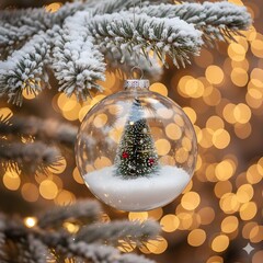 Glass Christmas Ornament with Miniature Snow Tree Hanging from Pine Branch
