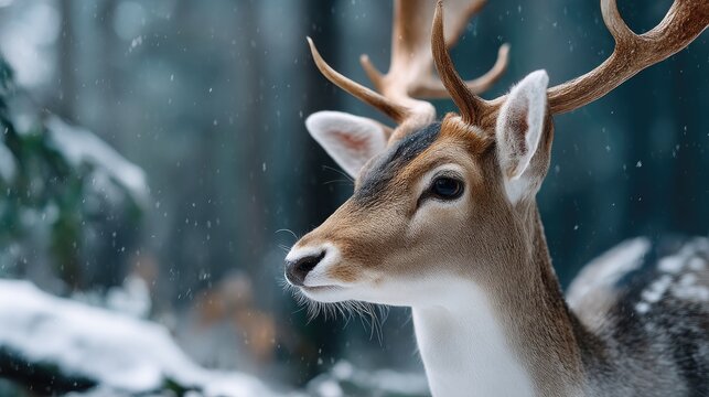 Fallow deer stands quietly in a snowy forest, surrounded by tall trees and falling snowflakes on a chilly winter day