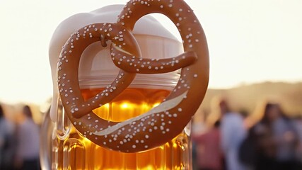 Close-up of a beer mug with a pretzel at an outdoor event.