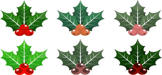 Christmas holly leaves and berries. Six Holly berry icons set, Christmas logo with holly berries vector illustration isolated in transparent background.