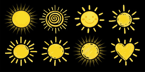 Hand drawn doodle pastel brush sun icons set. Scribble yellow sun with rays symbols. Hand drawn burst. Hot weather sign. Doodle children drawings collection isolated on Black background.