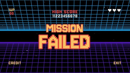 Mission failed high score pixel text animation. Retro vintage 8-bit game style. Retrowave background 4K resolution - Powered by Adobe
