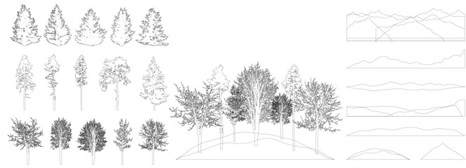 Obraz premium Design elements of forest trees. Constructor of landscape. Contours of beautiful spruces, pines, bare trees, hill. Vector illustration