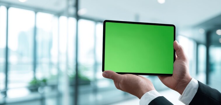 The tablet with green screen held by businessman in modern blurred office interior