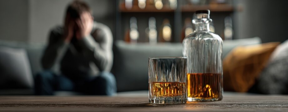 The Whiskey Glass and Decanter on a Table with Distressed Man in Background - Powered by Adobe