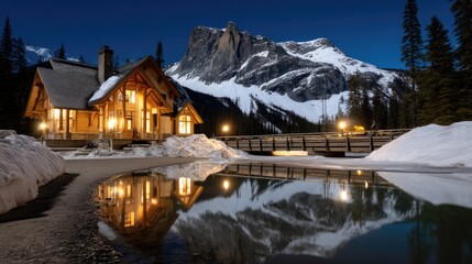 Fototapeta premium Scenic cabin near snowy mountains and a serene pond at twilight, showcasing beautiful reflections and glowing warm lights