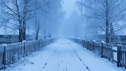 Winter landscape with snow-covered trees and wooden fence along dirt road
