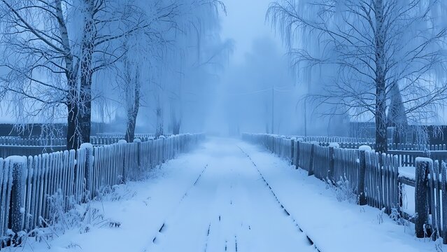 Winter landscape with snow-covered trees and wooden fence along dirt road
- Powered by Adobe