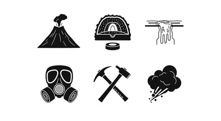 Geology symbols for scientific research and exploration in black and white a volcano, cave, waterfall, gas mask, hammers and vapor