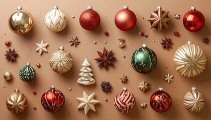 Elegant Christmas Ornaments and Festive Decorations Arranged on a Warm Background.