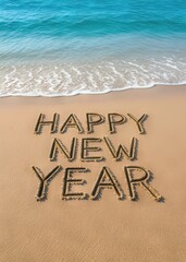 The words "Happy New Year" are beautifully etched into the sand of a pristine beach, as gentle waves caress the shoreline