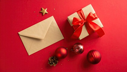 Festive Christmas arrangement with gift box envelope ornaments and star on red background.