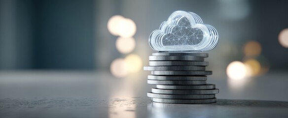 The Cloud Above a Stack of Coins Symbolizing Digital Finance and Cloud Computing Innovation