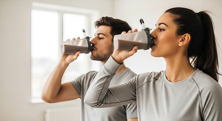 Fitness focused couple replenishing nutrients with shake after workout session