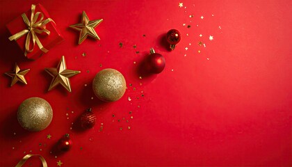 Festive Christmas ornaments and glitter scattered on a vibrant red background for holiday celebration.