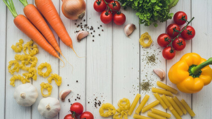 Fresh vegetables and pasta ingredients on white wooden background