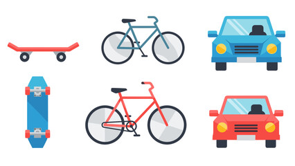 Collection of illustrated vehicles and recreational equipment isolated on white background.