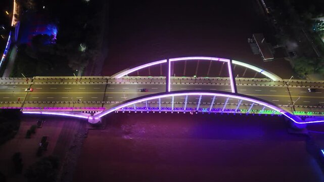Lanzhou Yellow River Bridge at Night - Aerial View with Neon Lights