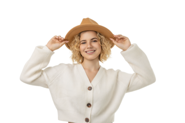 Smiling woman in a festive hat enjoys winter, isolated, PNG