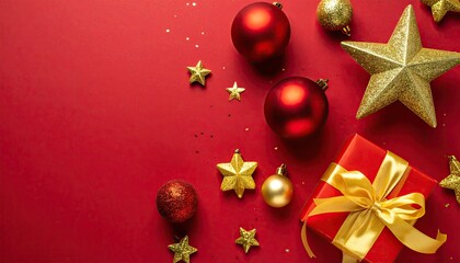 Festive Christmas Decorations Gift Box Stars Ornaments Red Background.