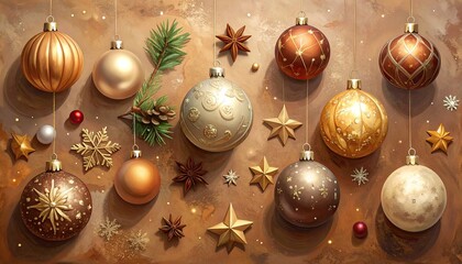 Elegant Christmas Ornaments and Natural Festive Decorations on Textured Background.