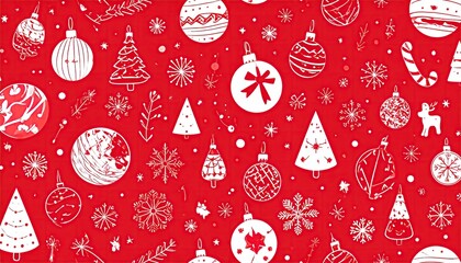 Festive Christmas Pattern with Ornaments Trees Snowflakes and Reindeer on Red Background.