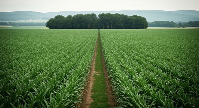 Expansive vista of cornfield rows stretching toward distant woodlands under cloudy skies - Powered by Adobe