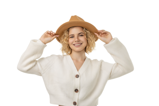 Smiling woman in a festive hat enjoys winter, isolated, PNG - Powered by Adobe