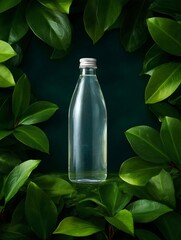 Pure water glass bottle surrounded by lush green leaves still life photography nature environment close-up view