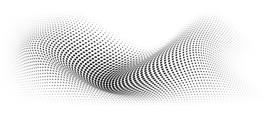 Flowing Wave Dot Halftone Pattern: Curve Gradient Shape on Transparent Background. Suitable for AI, Tech, Network, Digital, Science, and Technology Themes.