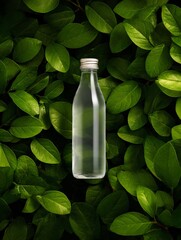 Glass bottle filled with pure water surrounded by fresh green leaves nature photography indoor setting close-up view