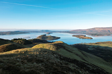 Islands in Loch Lomond aligned to indicate the position of the Highland Boundary Fault, seen from Conic Hill on the West Highland Way above Balmaha, Scottish Highlands.
