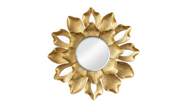 Ornate golden sunburst mirror isolated on transparent background