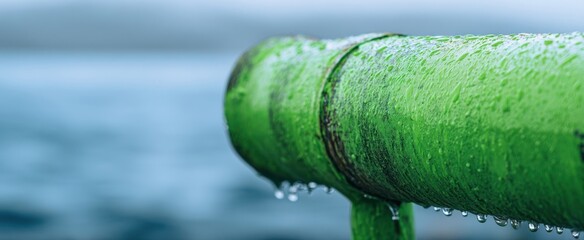 The Green Railing on a Wet Metal Pipe by the Sea with Water Droplets