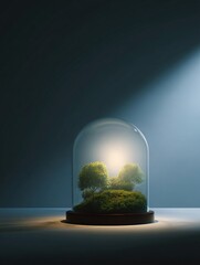 Illuminated glass dome miniature forest ecosystem indoor setting photographic capture tranquil environment close-up view