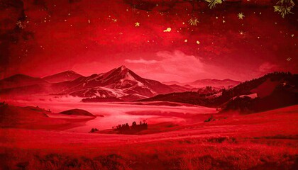 Vibrant Red Mountain Landscape with Misty Lake and Golden Celestial Sparkles.