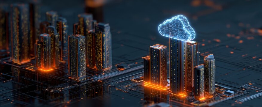 The Cloud Above Futuristic Server City Representing Digital Infrastructure and Data Management