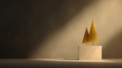 Elegant golden forest silhouette displayed on minimalistic marble base in serene lighting artistic concept