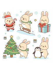 Fototapeta premium Cute christmas bunny characters with gifts tree sled and penguin illustration
