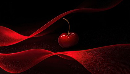 Elegant single red cherry with flowing abstract red ribbons on a dark background.