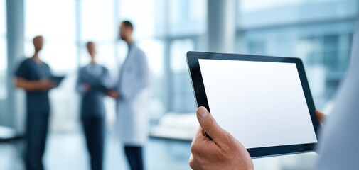 The Tablet Displaying Blank Screen With Medical Team in Blurred Background
