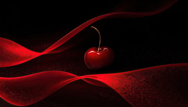 Elegant single red cherry with flowing abstract red ribbons on a dark background. - Powered by Adobe