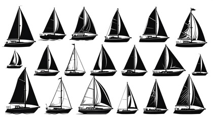 Black and white illustration of various sailing ships with different sail configurations on a white background