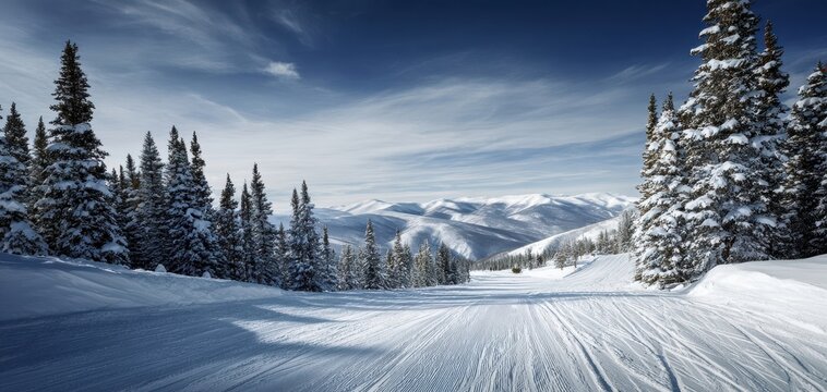 The Snowy Ski Slope Leading Through Pine Forest Toward Distant Snow Covered Mountain Peaks